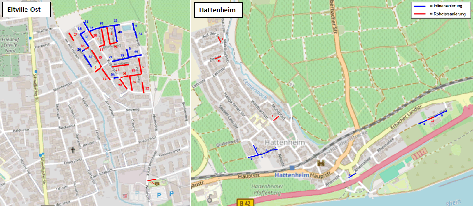 Übersichtspläne der betroffenen Straßenzüge in Eltville-Ost und Hattenheim, (Quelle: AVOR)